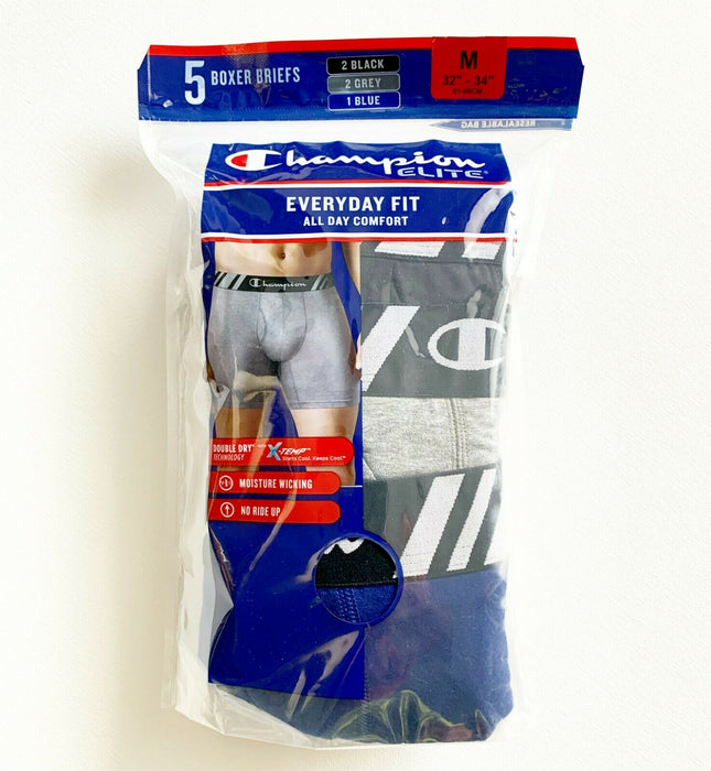 Champion Men’s Elite X-Temp Double Dry Boxer Briefs – 5 Pack (Black/Grey/Blue)